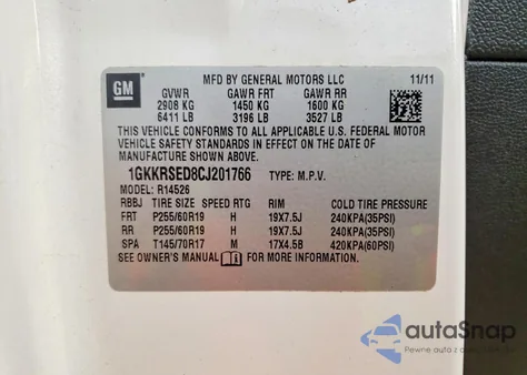 2012 GMC Acadia Slt-2 z USA, uszkodzony, nr VIN 1GKKRSED8CJ201766